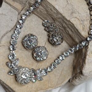 EISENBERG ICE Vintage Necklace,  Earrings, Fur Clip Brooch Set w/ Center Flower